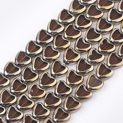 Electroplate Glass Beads Strands, Edge Plated, Heart, Saddle Brown, 10x10x4mm, Hole: 1mm, about 30pcs/strand, 11.4 inch(X-EGLA-S188-09D)
