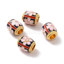 Alloy Beads, with Enamel, Barrel with Flower, Matte Gold Color, Pink, 10x8mm, Hole: 3.5mm(ENAM-L039-02MG-02)