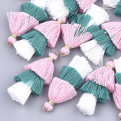 Polycotton(Polyester Cotton) Tassel Pendant Decorations, with Iron Findings, Golden, Colorful, 39~40x19~26x6~7mm, Hole: 4mm(FIND-T018-23)
