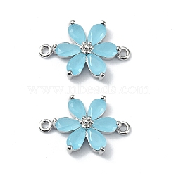 Brass Pave Cubic Zirconia Connector Charms, Flower Links, Real Platinum Plated, Blue, 17x11.5x3.5mm, Hole: 1mm(KK-B072-01P-06)