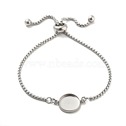 Non-Tarnish 304 Stainless Steel Round Cabochon Setting Bracelets, Box Chain Adjustable Slider Bracelets Making, Stainless Steel Color, Tray: 12.5mm, 23.7x0.2cm(DIY-Z026-01B)