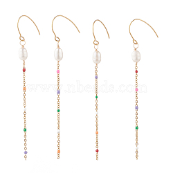 Natural Pearl with Enamel Long Chain Dangle Earrings for Women, Golden, Mixed Color, 94.5mm, Pin: 0.7mm(EJEW-JE04789)