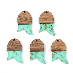 Transparent Resin & Walnut Wood Pendants, with Gold Foil, Fish, Pale Turquoise, 28x18x3mm, Hole: 2mm(RESI-S389-060B-B02)
