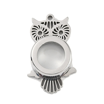 304 Stainless Stee Locket Pendants, with Glass, Owl Charm, Stainless Steel Color, 38.5x23.5x6mm, Hole: 2.2mm