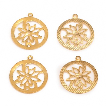 Brass Pendants, Textured, Flat Round With Flower, Raw(Unplated), 19.4x17.1x0.7mm, Hole: 1mm