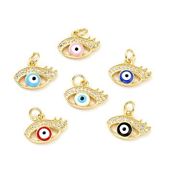 Rack Plating Brass Micro Pave Clear Cubic Zirconia Charms, with Jump Rings and Enamel, Cadmium Free & Lead Free, Evil Eye, Golden, Mixed Color, 10.5x15x3.5mm, Hole: 3.4mm