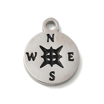 304 Stainless Steel Enamel Pendants, Stainless Steel Color, Flat Round with Compass Charm, Black, 17x13.5x1.8mm, Hole: 2mm