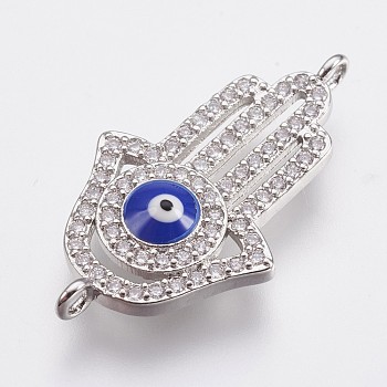 Brass Micro Pave Cubic Zirconia Links, with Enamel, Hamsa Hand with Eye, Platinum, 25x14x3mm, Hole: 1.4mm