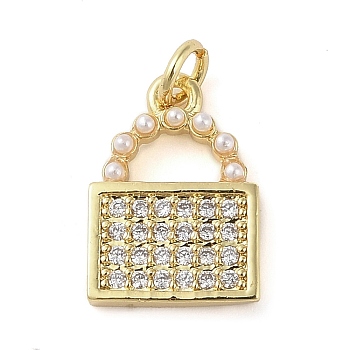 Brass Micro Pave Clear Cubic Zirconia Pendants, with ABS Imitation Pearl, Real 18K Gold Plated, Lock, 13x9.5x2mm, Hole: 1.6mm