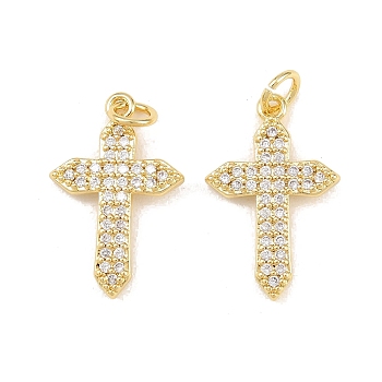 Brass Micro Pave Cubic Zirconia Pendants, Cross Charms, Long-Lasting, Rack Plating, Lead Free & Cadmium Free, with Jump Ring, Real 18K Gold Plated, 21x13.5x2mm, Jump Ring: 5x1mm, Inner Diameter: 3.5mm