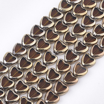 Electroplate Glass Beads Strands, Edge Plated, Heart, Saddle Brown, 10x10x4mm, Hole: 1mm, about 30pcs/strand, 11.4 inch