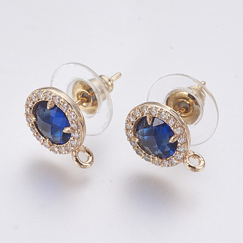 Faceted Glass Stud Earring Findings, with Loop, Brass Micro Pave Cubic Zirconia Findings, Flat Round, Light Gold, Blue, 12x9x4mm, Hole: 1.2mm, Pin: 0.8mm