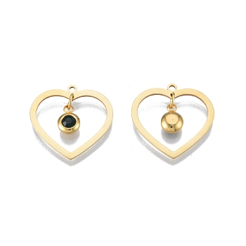 201 Stainless Steel Pendants, with Rhinestone, Heart with Flat Round, Real 18K Gold Plated, Emerald, 23x24x1mm, Hole: 1.6mm
