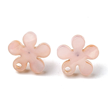 Acrylic Stud Earring Findings, with 304 Stainless Steel Pin, Flower, Pink, 12x12.5mm, Hole: 1.5mm, Pin: 0.8mm