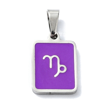 304 Stainless Steel Pendants, with Enamel, Stainless Steel Color, Rectangle with Constellation Charms, Capricorn, 16x11x1.5mm, Hole: 5.5x3mm