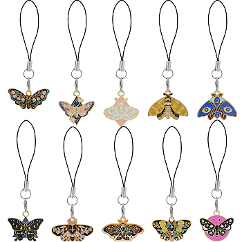 10Pcs Alloy Enamel Mobile Straps, Butterfly, Mixed Color, 89~100mm, 10pcs/set