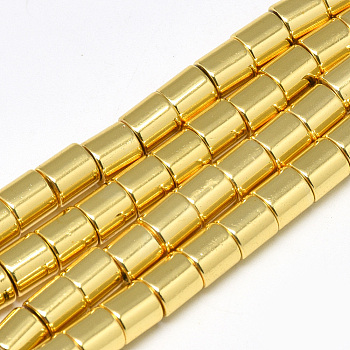 Electroplate Non-magnetic Synthetic Hematite Beads Strands, Column, Golden Plated, 6x6mm, Hole: 2mm, about 67pcs/strand, 16.1 inch