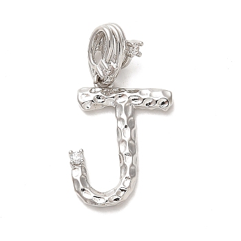 Rack Plating Brass Micro Pave Cubic Zirconia European Dangle Charms, Large Hole Letter Pendant, Platinum, Long-Lasting Plated, Cadmium Free & Lead Free, Letter J, 25.5mm, Charm: 18.5x14.5x2mm, Hole: 4x2.5mm