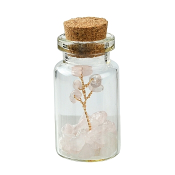 Transparent Glass Wishing Bottle Decoration, Wicca Gem Stones Balancing, with Tree of Life Natural Rose Quartz Beads Drift Chips inside, 22x45mm