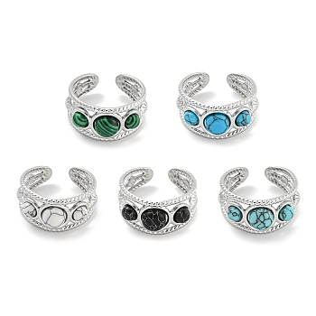 304 Stainless Steel Synthetic Gemstone Cuff Rings, Round Open Rings for Women Men, Stainless Steel Color, Adjustable