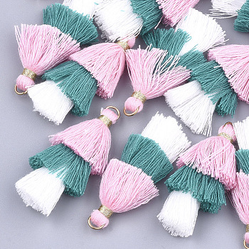 Polycotton(Polyester Cotton) Tassel Pendant Decorations, with Iron Findings, Golden, Colorful, 39~40x19~26x6~7mm, Hole: 4mm