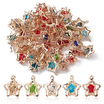 Rack Plating Iron Pendants, with Rhinestone, Cadmium Free & Nickel Free & Lead Free, Light Gold, Star Charms, Mixed Color, 16x14x10mm, Hole: 1.2mm
