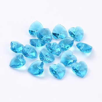 Romantic Valentines Ideas Glass Charms, Faceted Heart Charm, Deep Sky Blue, 10x10x5mm, Hole: 1mm