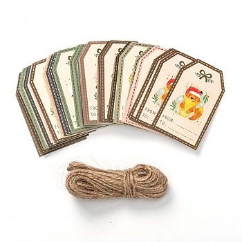 Paper Gift Tags, Hang Tags, with Jute Twine, for Christmas Decorations, Christmas Themed Pattern, 8.1x4.6x0.05cm, Hole: 4mm, 50pcs/bag