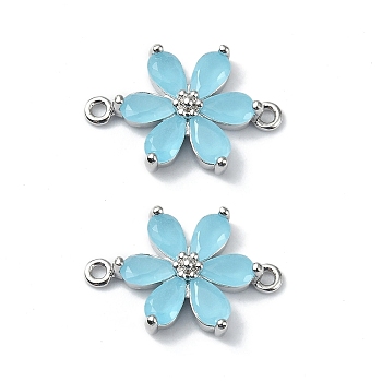 Brass Pave Cubic Zirconia Connector Charms, Flower Links, Real Platinum Plated, Blue, 17x11.5x3.5mm, Hole: 1mm