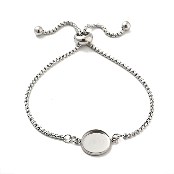 304 Stainless Steel Round Cabochon Setting Bracelets, Box Chain Adjustable Slider Bracelets Making, Stainless Steel Color, Tray: 12.5mm, 23.7x0.2cm