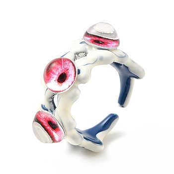 Acrylic Double Dragon Eye Open Cuff Ring, Alloy Enamel Twist Wave Ring for Women, Floral White, US Size 8 1/2(18.5mm), Wide: 4~12mm