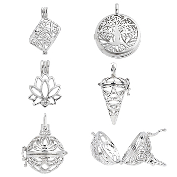 10Pcs 5 Styles Jewelry Making Finding Sets, Including Brass Hollow Cage Pendants and Alloy & Brass Locket Pendants, For Diffuser Chime Ball Pendant Necklaces Making, Mixed Shapes, Platinum, Platinum, 25~37x17.5~29x7.5~24mm, Hole: 2~6.5x2~6mm, 2pcs/style