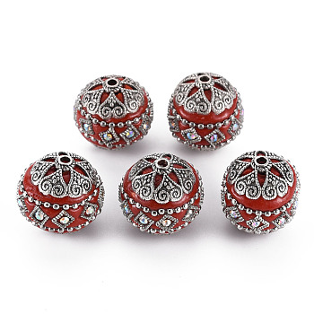 Handmade Indonesia Beads, with Metal Findings, Golden Color Plated, Round, Red, 20~21x20mm, Hole: 1.8~2mm