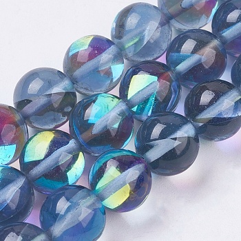 Synthetic Moonstone Beads Strands, Holographic Beads, Round, Steel Blue, 8mm, Hole: 1mm, about 50~51pcs/strand, 15.51 inch~15.7 inch(39.4~40cm)