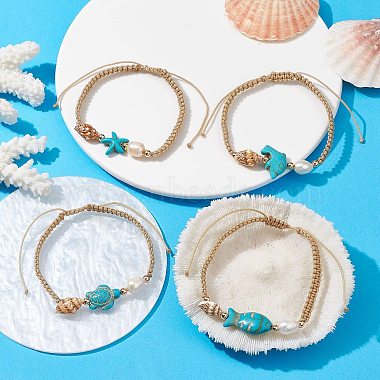 Natural Shell & Pearl & Synthetic Turquoise Braided Bead Bracelets(BJEW-JB09914)-2