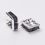 Brass Rhinestone Spacer Beads, Cadmium Free & Lead Free, Grade A, Silver Color Plated, Square, Jet, 6x6x3mm, Hole: 1mm(RB-A013-6x6-02S)