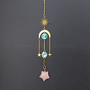 Natural Rose Quartz Star Sun Catcher Hanging Ornaments with Brass Sun, for Home, Garden Decoration, Golden, 400mm(HJEW-PW0002-13C)