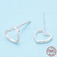 925 Sterling Silver Hollow Heart Stud Earrings, with S925 Stamp, Silver, 6.2x7mm, Pin: 0.8mm(STER-T005-07)