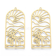 201 Stainless Steel Pendants, Arch Charm with Sun & Mushroom, Real 18K Gold Plated, 48.5x22x1mm, Hole: 1.5mm(STAS-N090-LA959-2)