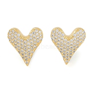 Brass Pave Clear Cubic Zirconia Stud Earrings for Women, Heart, Real 18K Gold Plated, 18x16mm(EJEW-S225-09G-02)