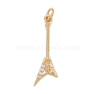 Rack Plating Brass Clear Cubic Zirconia Pendants, Cadmium Free & Nickel Free & Lead Free, Long-Lasting Plated, with Jump Ring, Guitar, Real 18K Gold Plated, 27x8x2mm, Jump Ring: 5x1mm, Inner Diameter: 3mm(KK-M229-26G)
