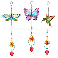 3Pcs 3 Style Iron Hummingbird Butterfly Dragonfly Pendant Decorations, Hanging Suncatchers, with Glass Octagon Links and Leaf/Teardrop Charm, for Garden Decor, Mixed Color, 454~523mm, 1pc/style(DIY-GA0005-48)