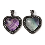 Natural Fluorite Pendants, Heart Charms, with Rack Plating Antique Silver Tone Brass Findings, Cadmium Free & Lead Free, 28.5x27x9mm, Hole: 7x5mm(G-A095-01AS-03)
