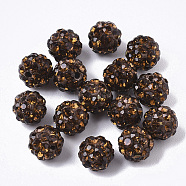 Pave Disco Ball Beads, Polymer Clay Pave Rhinestone Beads, Round, Half Drilled, Smoked Topaz, PP15(2.1~2.2mm), 4 Rows Rhinestone, 6.5mm, Half Hole: 1mm(RB-T017-02-19)