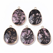 Natural Rhodonite Pendants, with Golden Plated Edge Brass Findings, Nickel Free, Faceted, Oval, 25~26x17~18x5mm, Hole: 1.4mm(G-T131-08F)