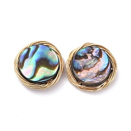 Abalone Shell/Paua Shell Beads with Eco-Friendly Copper Wire, No Hole, Flat Round, Golden, 10x3mm(X-PALLOY-JF00418-01)