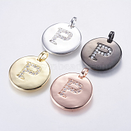 Brass Pendants, with Micro Pave Cubic Zirconia, Flat Round with Letter, Mixed Color, Letter.P, 23~23.5x2mm, Hole: 3.5x4mm(KK-K218-P)