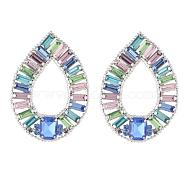 Glass Hollow Out Teardrop Stud Earrings, Brass Jewelry, Colorful, 49.5x36.5mm, Pin: 0.6mm(JE1111A)