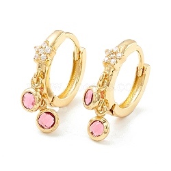 Star Cubic Zirconia Hoop Earrings with Flat Round Drop, Brass Jewelry for Women, Cadmium Free & Nickel Free & Lead Free, Real 18K Gold Plated, Flamingo, 19.5mm, Pin: 0.7mm(EJEW-P196-19G-04)