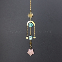 Natural Rose Quartz Star Sun Catcher Hanging Ornaments with Brass Sun, for Home, Garden Decoration, Golden, 400mm(HJEW-PW0002-13C)